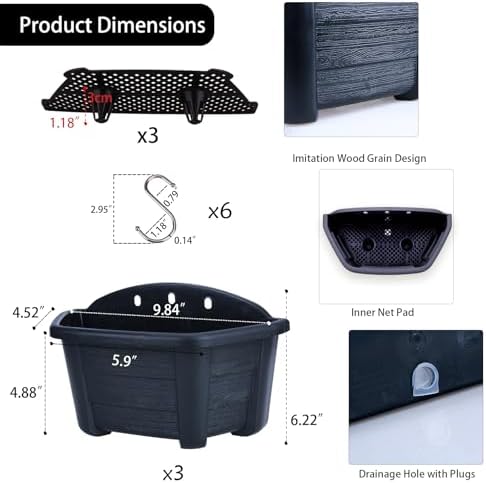 summer flower ‌3 Pack Black Hanging Railing Planters 9.84 Inch Plastic Window - Image 2