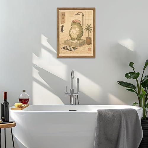 Framed Vintage Frog Bathroom Wall Art, Funny Cute Green Frog in Bubble Bath - Image 2