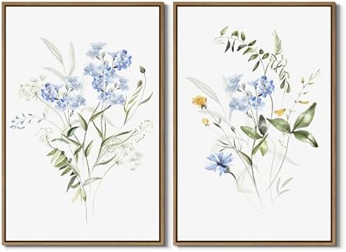 Watercolor Floral Wall Art Blue Yellow Flower Canvas Prints by JOWOROLO