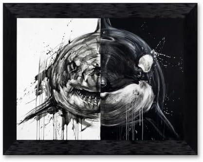 Framed Canvas Wall Art Monochrome Abstract Shark Orca Split Black White Ink by Unknown