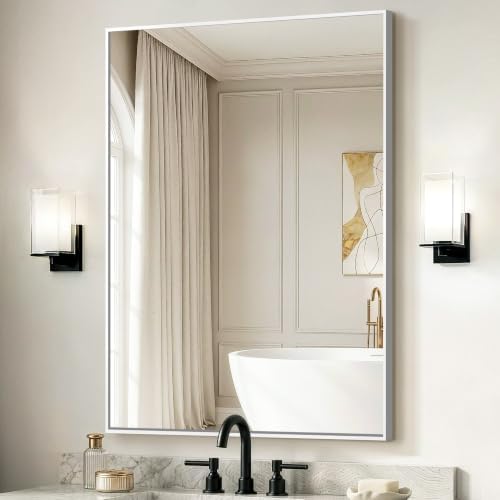 Delma Bathroom Vanity Mirror, 30x40 Silver Metal Framed Mirror by Delma