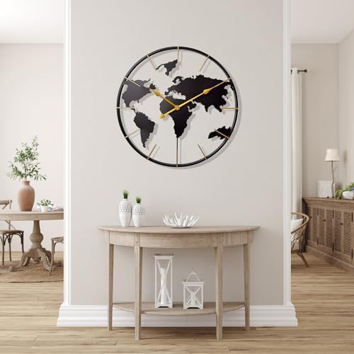 Large World Map Wall Clock, Metal Minimalist Modern Clock, Round Non-Ticking - Image 4