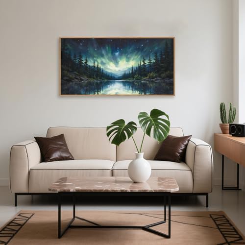 Luminous Northern Lights Forest Lake Framed Canvas Wall Art Set-40"x20"x1 - Image 2