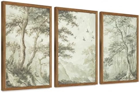 Botanical Forest Wall Art Set of 3 Framed, Vintage Neutral Canvas Prints by Unknown