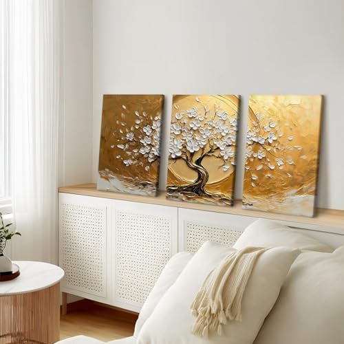 RZIGERNO 3 Pcs Tree of Life Canvas Wall Art Gold White Floral Poster Printing - Image 2