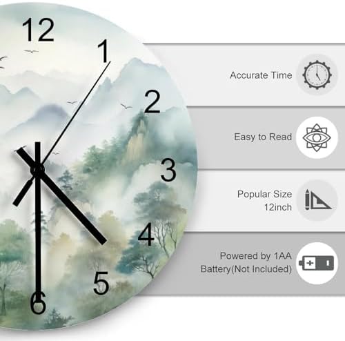 Forest Wall Clock, Watercolor Nature Woodland Green Forest Mountain Plant - Image 3