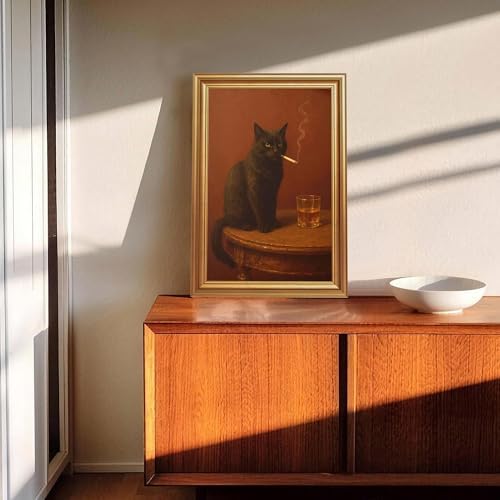 ICHZUMW Gold Framed Funny Black Cat Whiskey Vintage Canvas Wall Art 16x24In - Image 4