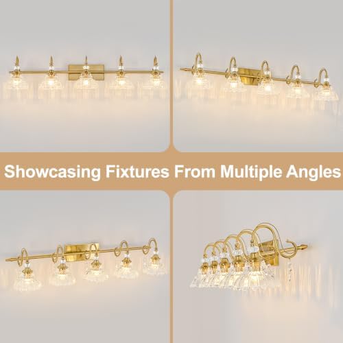 Vintage Bathroom Vanity Light, 5-Light Brushed Gold Finish Wall Sconce - Image 7