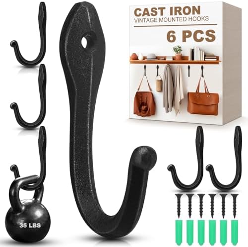 LEIFIDE 6 Pcs Wrought Iron Wall Hooks Heavy Duty Black by LEIFIDE