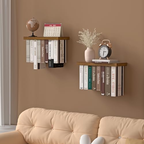 Floating Book Shelves for Wall Set of 2, Unique Wood Hanging Bookshelf - Image 6