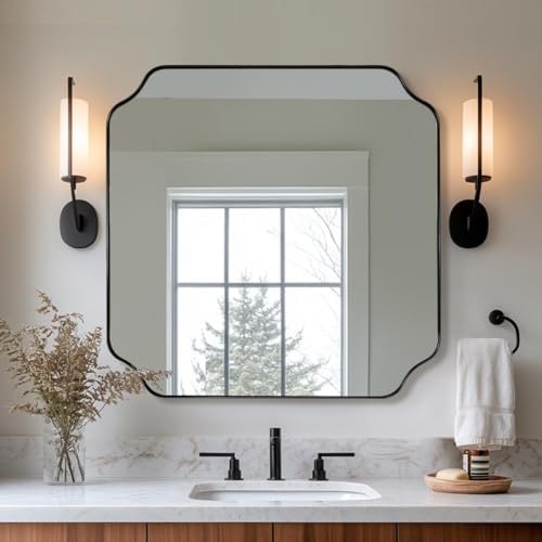 ANDY STAR 30x30 Inch Square Mirror, Matte Black Vanity Mirror, Modern Scalloped by ANDYSTAR