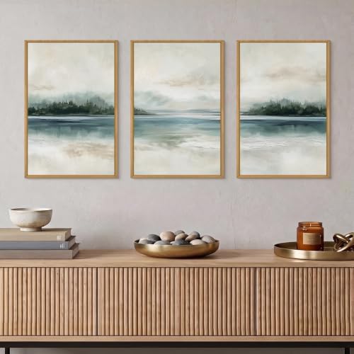 HOURIA Abstract Sage Green Beige Landscape Framed Canvas Wall Art Set, - Image 3