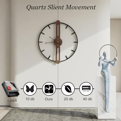 Modern Walnut Dial Wall Clock, Wood Large Wall Clock Decor Metal Frame Silent - Image 4