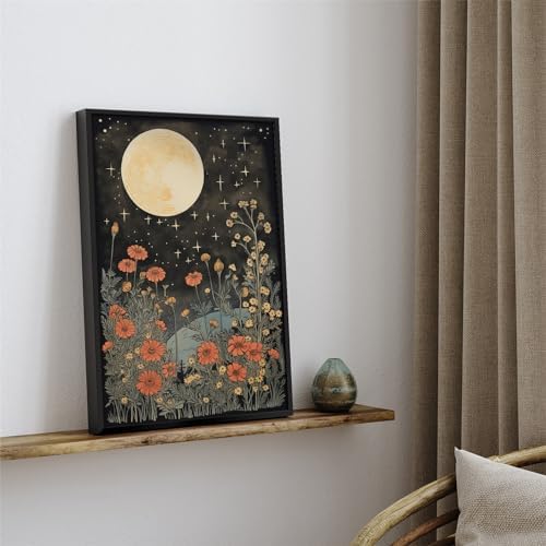 Vintage Moon Flowers Canvas Wall Art, Retro Mystical Celestial Moon Poster - Image 2