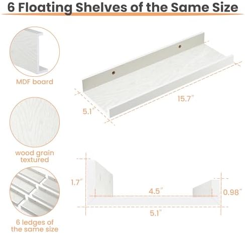 upsimples Floating Shelves for Wall, Wall Shelves for Decor Storage Set of 6 - Image 3