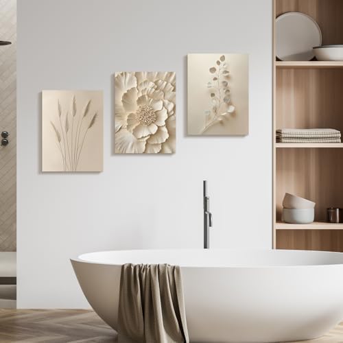 Hianan Wrapped Canvas Neutral Beige Botanical Wall Art Set of 3, 12x16 in - Image 4