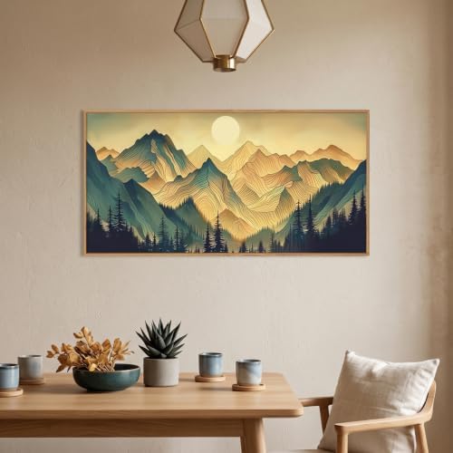 Boho Green Mountain Landscape Framed Canvas Wall Art Set, Abstract Sun Forest - Image 3