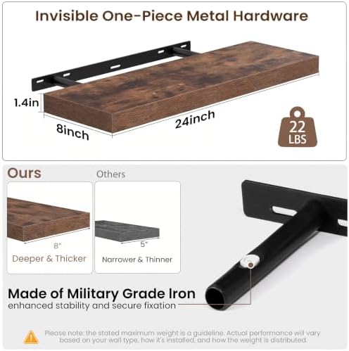 24x8in Floating Shelves 2 Pack, Wall Mount Display Shelf, Rustic Brown - Image 3