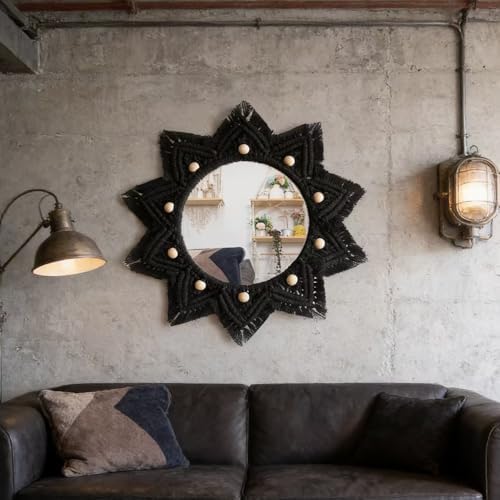 TENEWEE Boho Wall Decor Black Macrame Round Hanging Mirror - Image 7