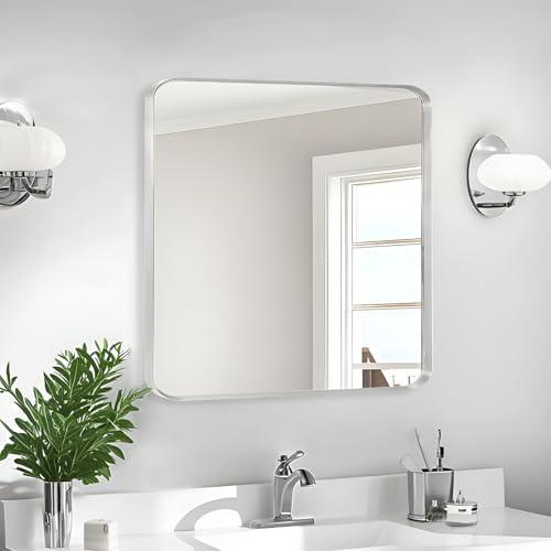 Silver Bathroom Mirror 30x30in, Metal Framed Rounded Rectangle - Image 2