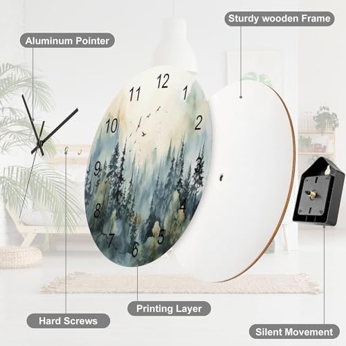 Forest Wall Clock 12 Inch Silent Non Ticking Clock Wooden, Watercolor Style - Image 7