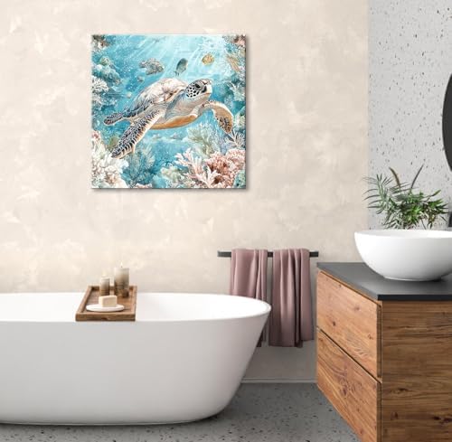 Sea Turtle Bathroom Wall Decor Ocean Theme Framed Canvas Wall Art Coastal - Image 2