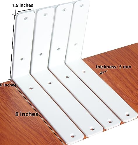 8 Pack - L 8" x H 6" x W1.5, 5mm Thick White L Shelf Bracket, Iron Shelf - Image 2