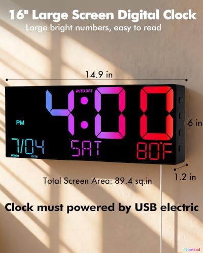 16" Large Digital Wall Clock, Corded RGB LED Clock - Image 2