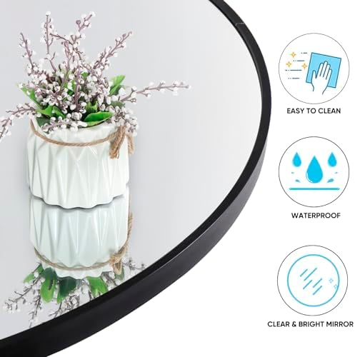 24 Inch Round Mirror, Metal Frame Wall Mirror Mounted Black Circle Mirrors - Image 4