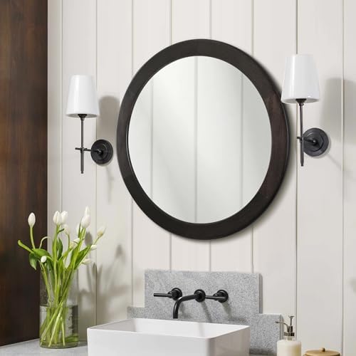 CULER Round Mirrors 24 Inch, Wood Vanity Wall Rustic Mirror - Image 6