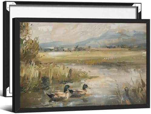 Mallard Duck Pond Poster Animal Farmhouse Canvas Wall Art Vintage Duck Painting by Haitunone