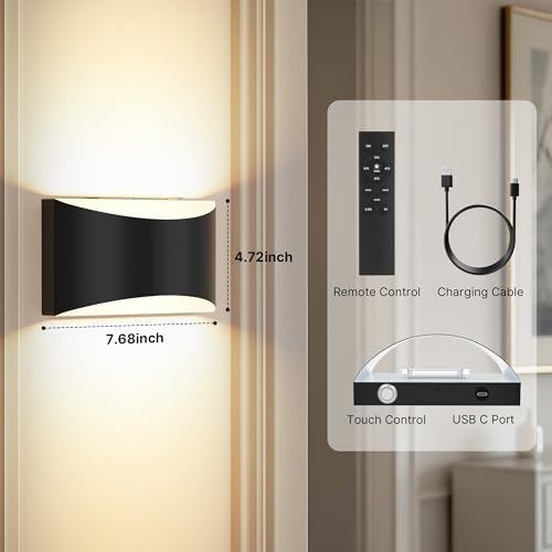 Battery Operated Wall Sconces Set of 2 Rechargeable Wireless Black - Image 6