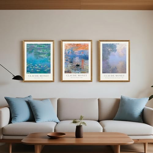 SYWENNOI Triptych Framed Claude Monet Water Lilies Canvas Wall Art 16x24 in - Image 3