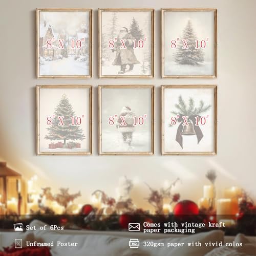 uniro Vintage Christmas Wall Art Set of 6pcs, Santa Claus Prints, Neutral - Image 3