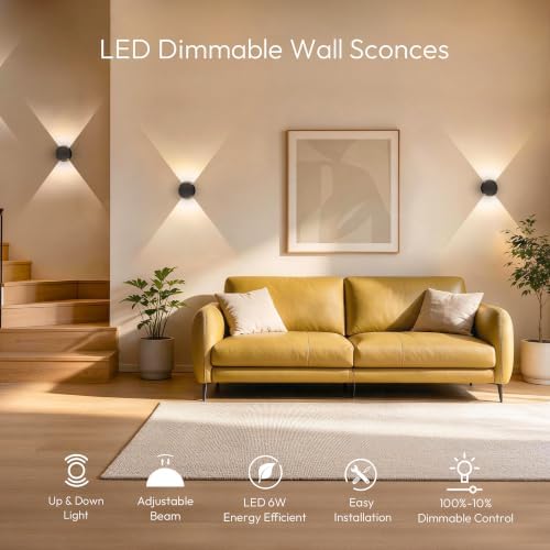 Tubicen Wall Sconce Set of 2, Dimmable Round LED Wall Lights, Beam-Adjustable - Image 2
