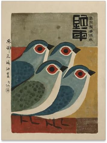 WIUHIO Mid Century Japanese Bird Wall Art Retro Blue Bird Canvas Poster Modern by Unknown