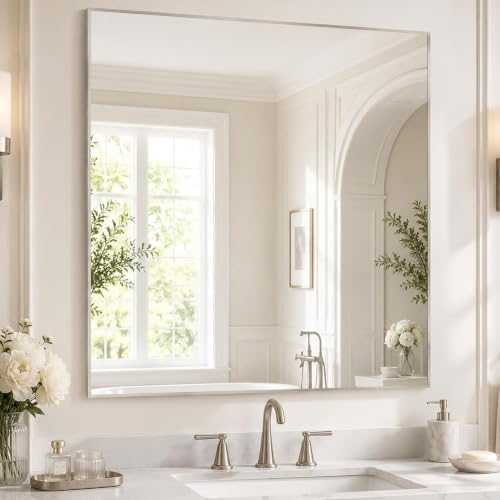 30"x30" Brushed Nickel Framed Square Bathroom Vanity Wall Mirror by Pocetry