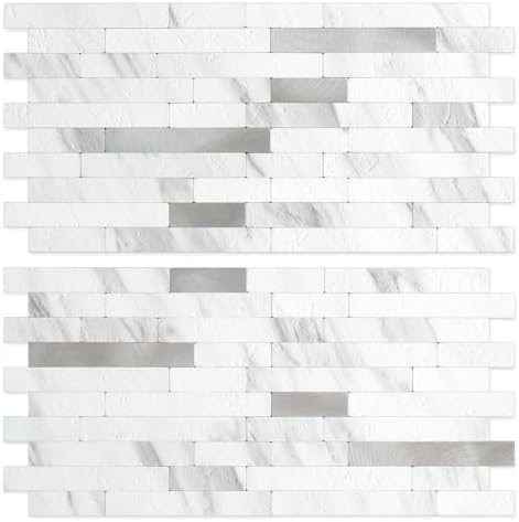 DICOFUN 2 Sheets White Peel and Stick Backsplash Tile, Faux Stone PVC Mixed by DICOFUN