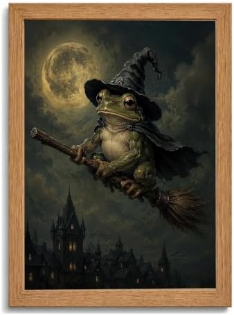 BZRVBQ Funny Frog Witch Wall Art, Framed Canvas Print of Wizard Frog Riding by Unknown