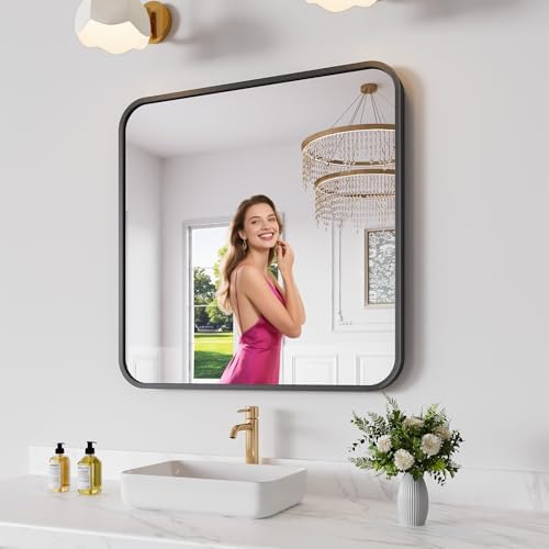 Koonmi Bathroom Mirror, 30X30 Inch Black Metal Framed Mirror by KOONMI
