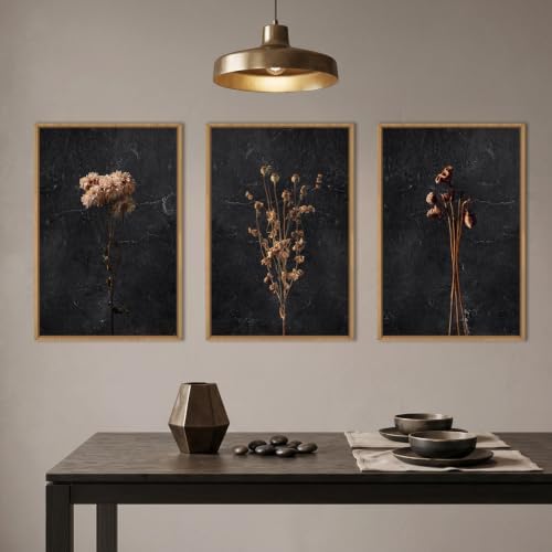 Large Boho Moody Dark Floral Framed Canvas Wall Art Set -24"x36"x3 - Image 3