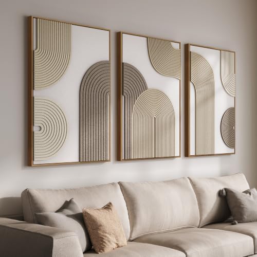 Large 3D Textured Framed Boho Neutral Abstract Wall Art, 3 Piece 24x36 inch by Cuspin