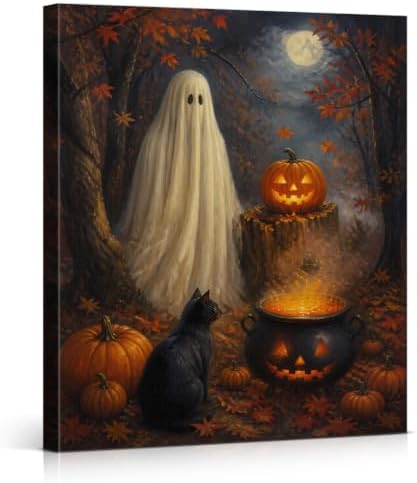 Halloween Enchanted Pumpkin Wall Decor, Ghost Black Cat Art Print Poster by Unknown