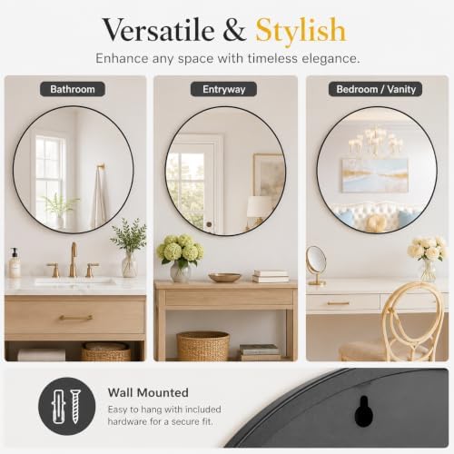 Garvee 30 Inch Round Wall Mirror Black Metal Frame Circle Bathroom Mirror - Image 5