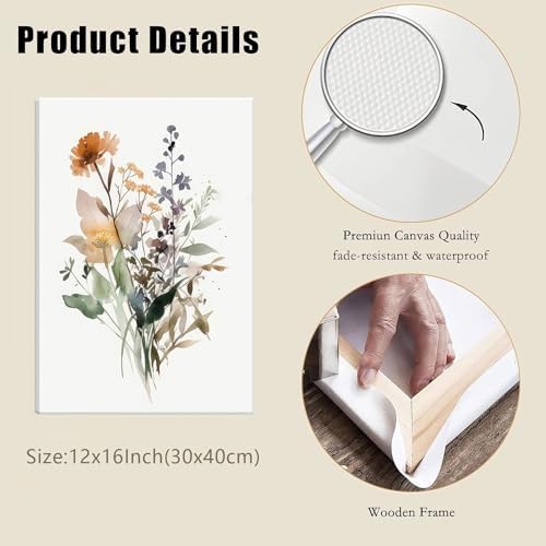 Bwodke Watercolor Floral Canvas Wall Art Set of 3, 12x16 inch - Image 3