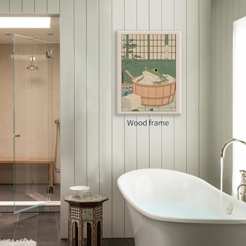 Japanese Frog in a Bathtub Wall Art Sage Green Relaxing Bathroom Posters 08x10 - Image 5