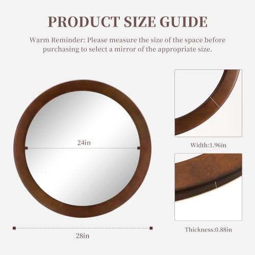 Round Mirrors 28 Inch, Wood Vanity Wall Rustic Mirror - Image 7