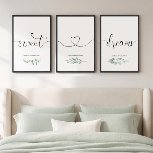 Framed 3 Piece Sweet Dreams Minimalist Canvas Wall Art Bedroom, 16x24 Inch by Cuspin