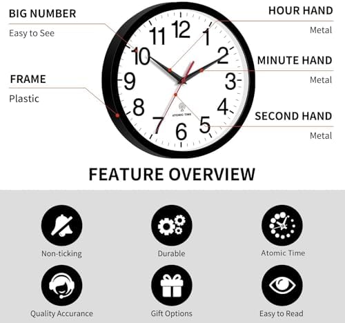 Rohioue Wall Clock Analog 12 Inch Atomic Battery Operated Silent Clock - Image 4