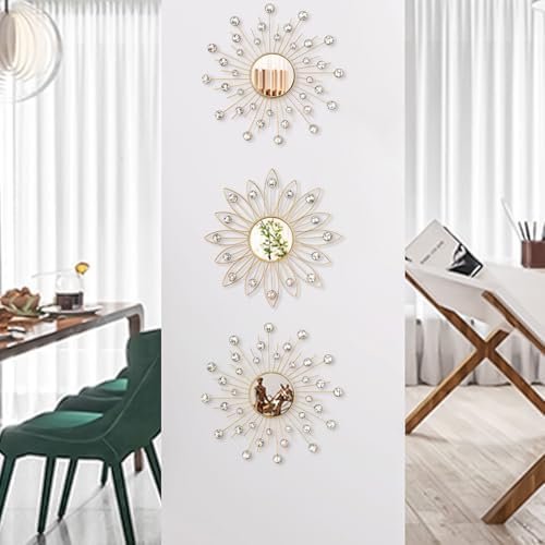 Uaussi 3 Pack Crystal Sunburst Wall Mirror Décor Rhinestone Mirrors Decorative - Image 2